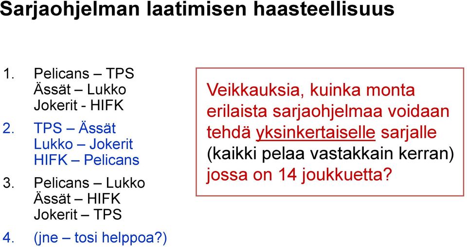 Pelicans Lukko Ässät HIFK Jokerit TPS 4. (jne tosi helppoa?