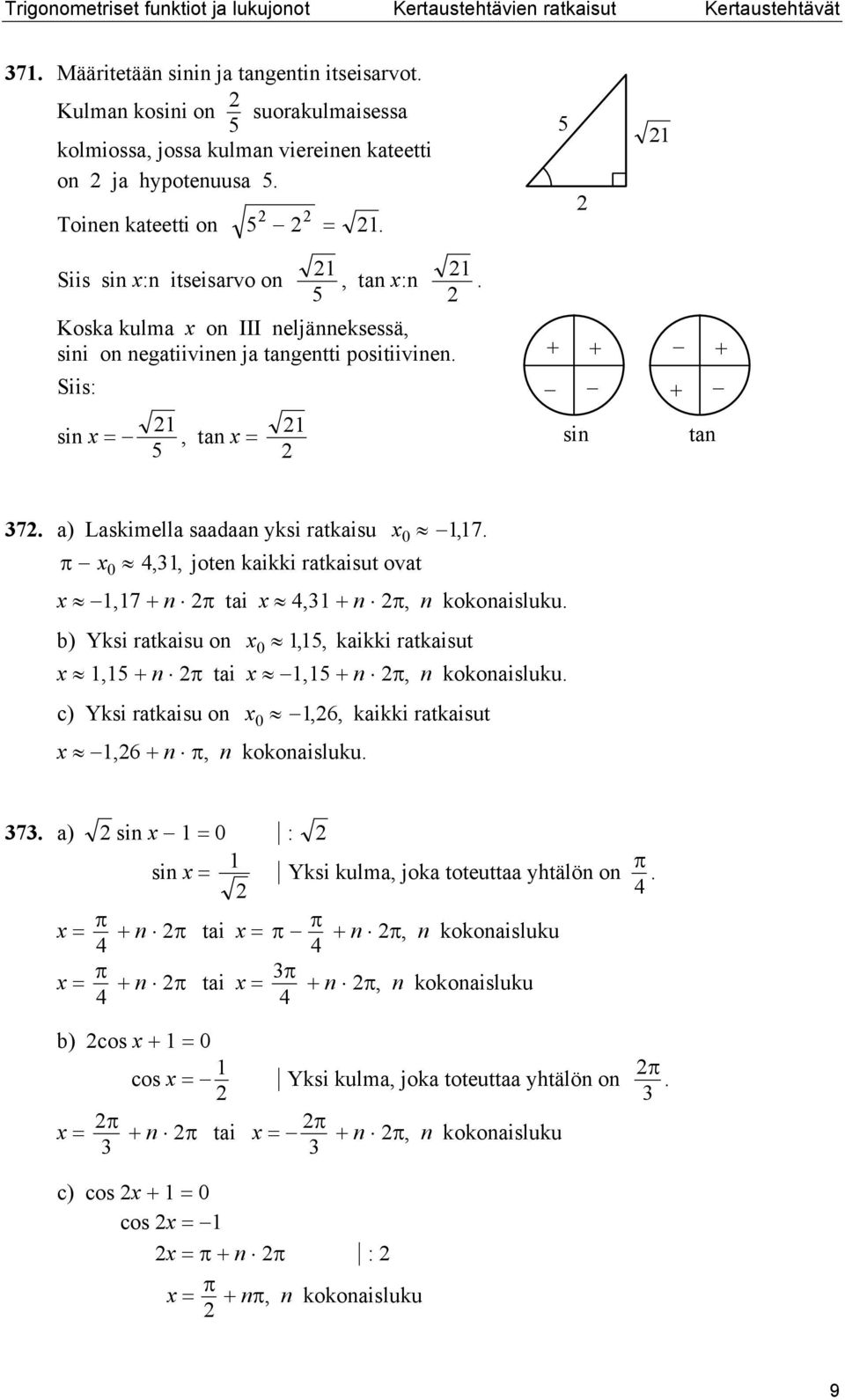 5 Kosk kulm o III eljäeksessä, sii o egtiivie j tgetti positiivie. Siis: si, t 5 si t 7. Lskimell sd yksi rtkisu 0,7.,, jote kikki rtkisut ovt 0,7 ti,, kokoisluku.