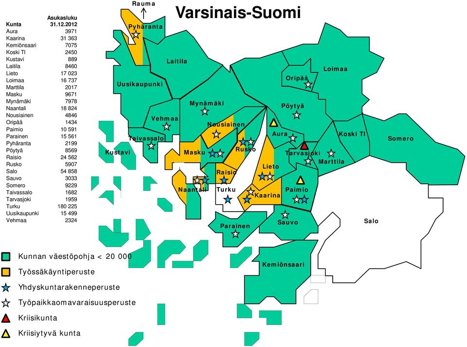 Taivassalo 1682 Tarvasjoki 1959 Turku 180 225 Uusikaupunki 15 499 Vehmaa 2324 Rauma Varsinais-Suomi Pyhäranta Laitila Loimaa Oripää Uusikaupunki Mynämäki