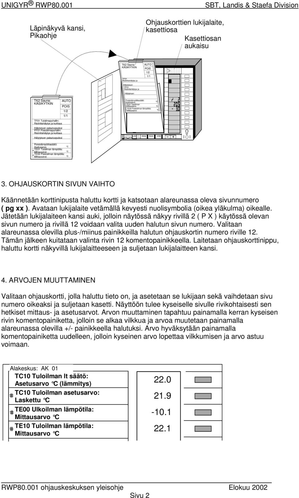 1/1 1 Käsin TF01 Tuloilmapuhallin: Ristiriitahälytys ja kuittaus Hälytyksen palautuspulssi PF01 Poistoilmapuhallin: Ristiriitahälytys ja kuittaus Hälytyksen palautuspulssi Poistolämpötilasäätö: