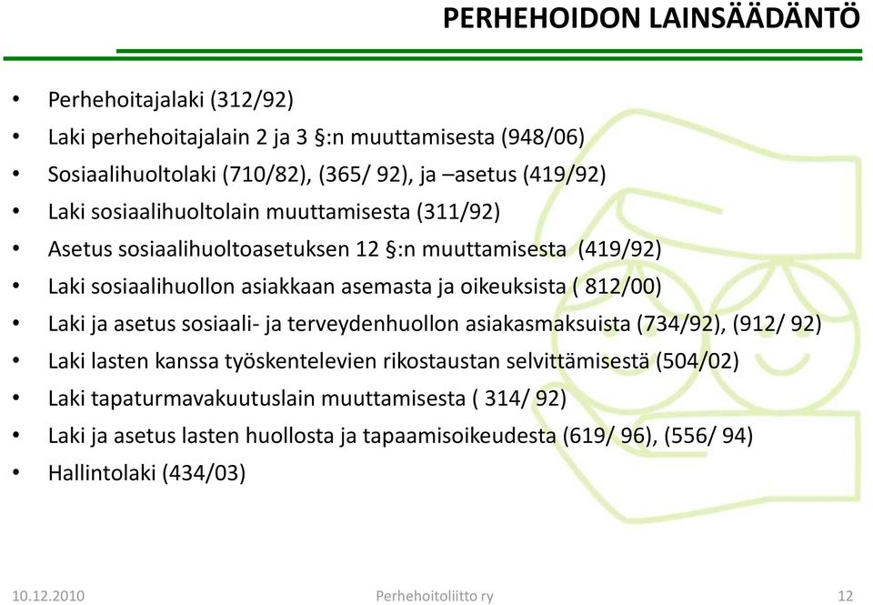 812/00) Laki ja asetus sosiaali- ja terveydenhuollon asiakasmaksuista (734/92), (912/ 92) Laki lasten kanssa työskentelevien rikostaustan selvittämisestä (504/02) Laki