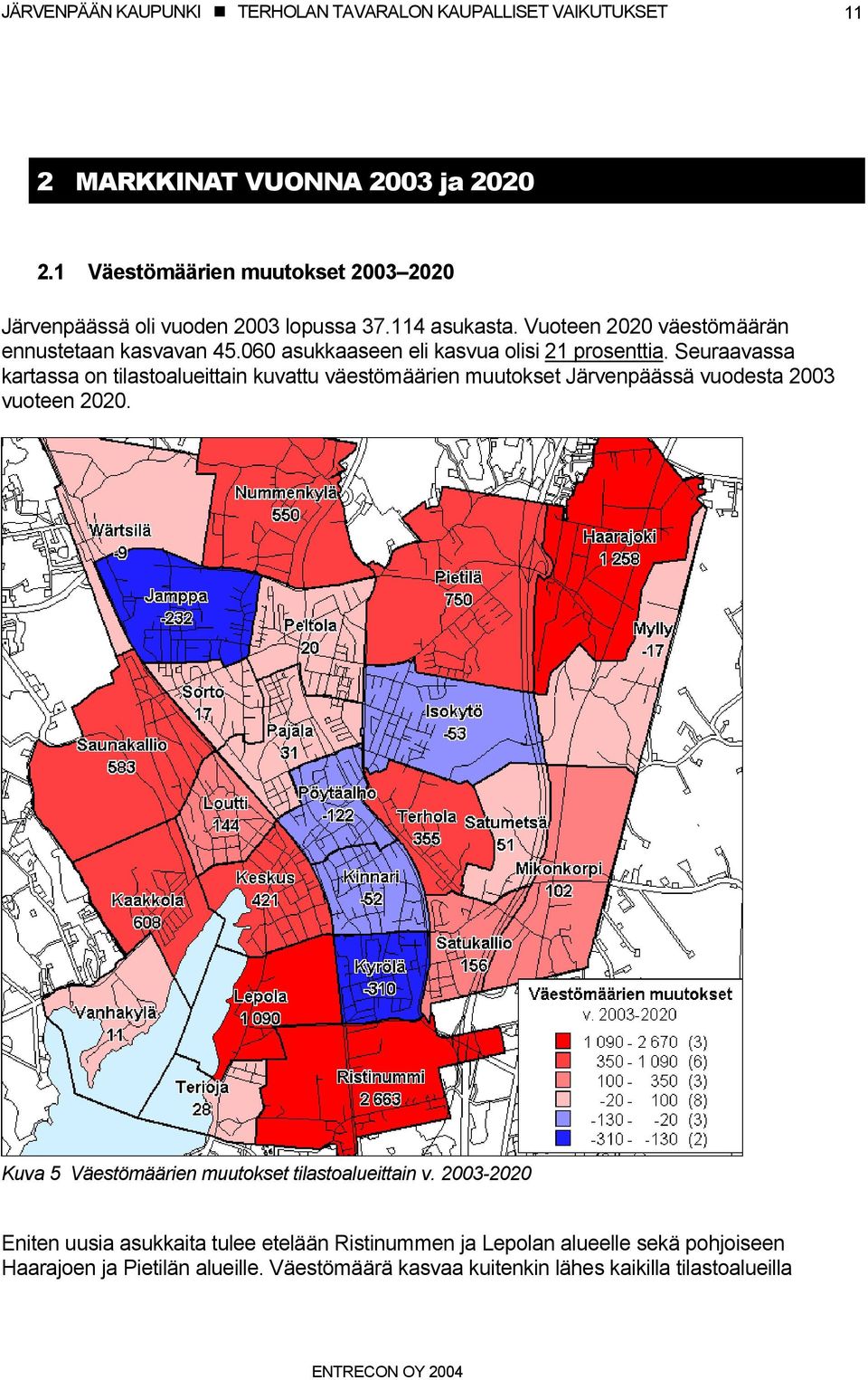 Seuraavassa kartassa on tilastoalueittain kuvattu väestömäärien muutokset Järvenpäässä vuodesta 2003 vuoteen 2020.