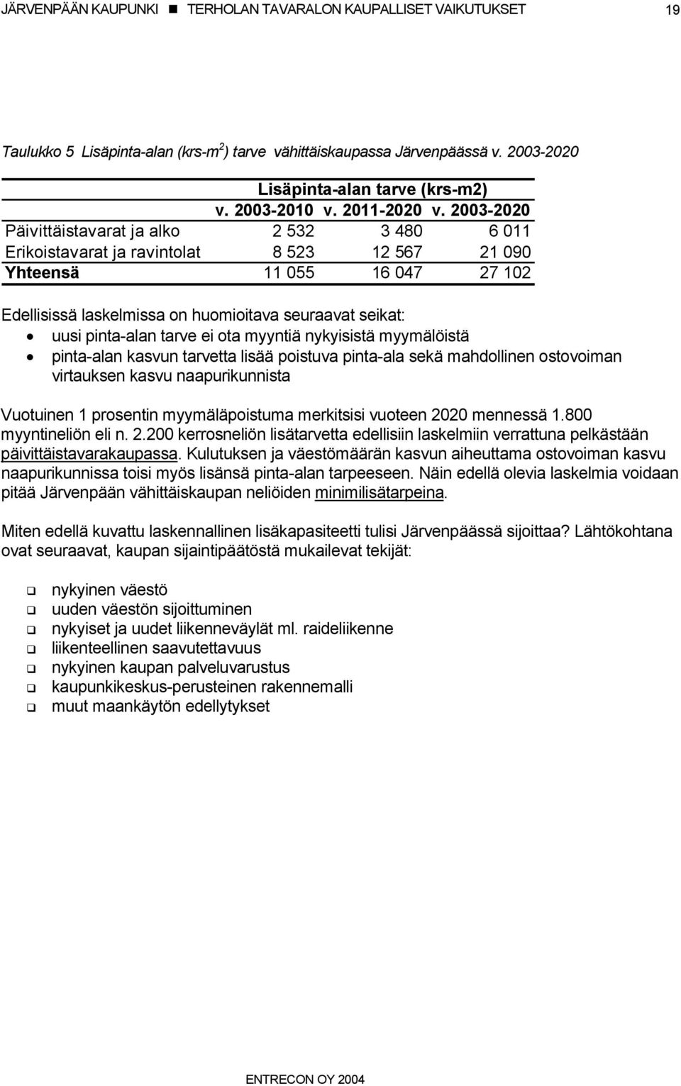 pinta-alan tarve ei ota myyntiä nykyisistä myymälöistä pinta-alan kasvun tarvetta lisää poistuva pinta-ala sekä mahdollinen ostovoiman virtauksen kasvu naapurikunnista Vuotuinen 1 prosentin