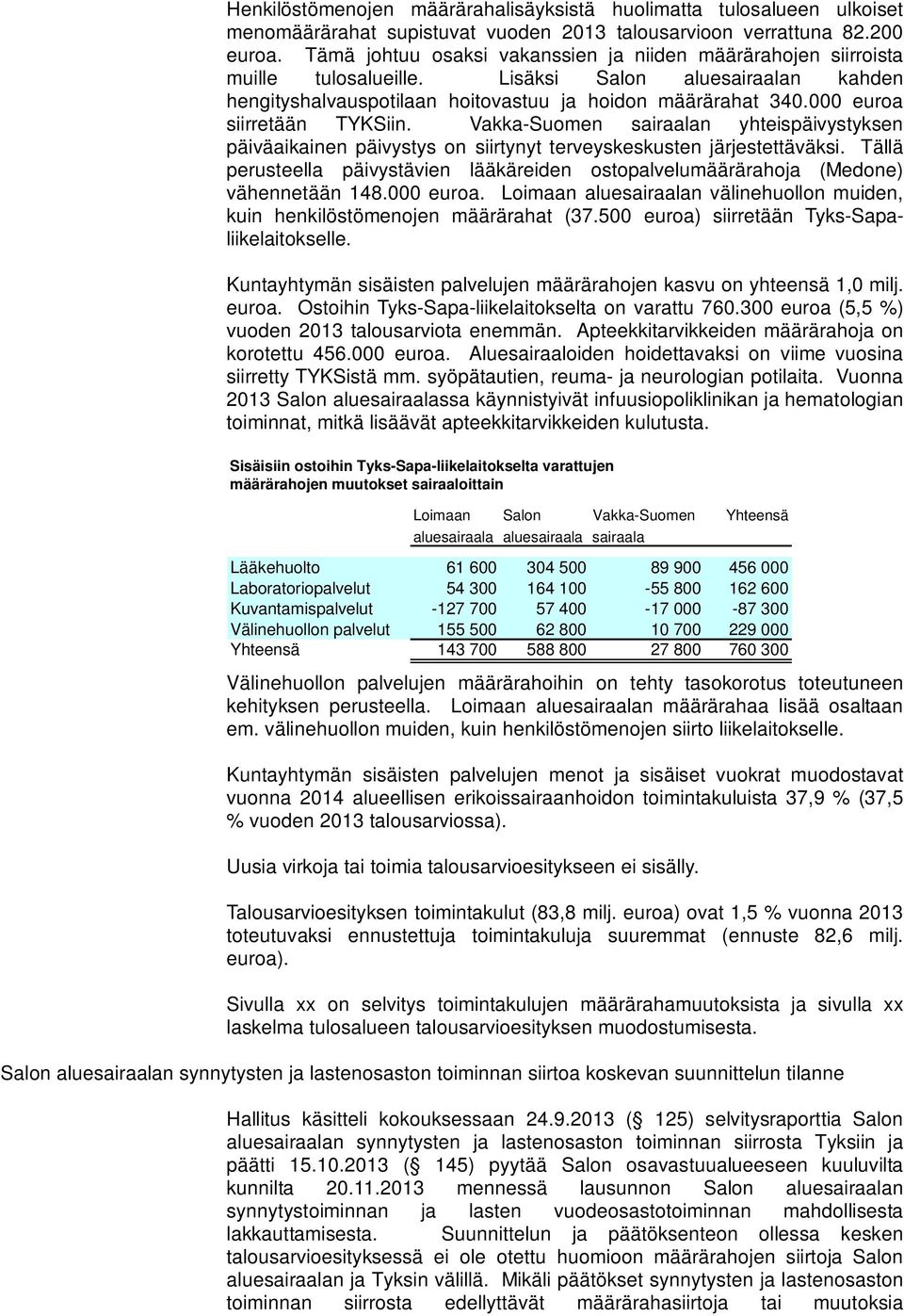 000 euroa siirretään TYKSiin. Vakka-Suomen sairaalan yhteispäivystyksen päiväaikainen päivystys on siirtynyt terveyskeskusten järjestettäväksi.