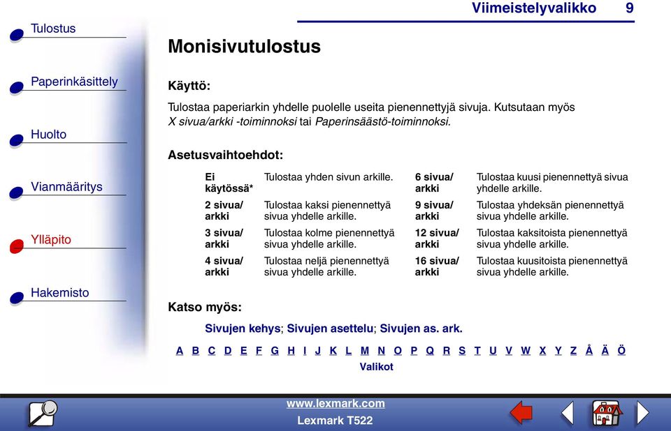 9 sivua/ Tulostaa yhdeksän pienennettyä sivua yhdelle arkille. 3 sivua/ Tulostaa kolme pienennettyä sivua yhdelle arkille.