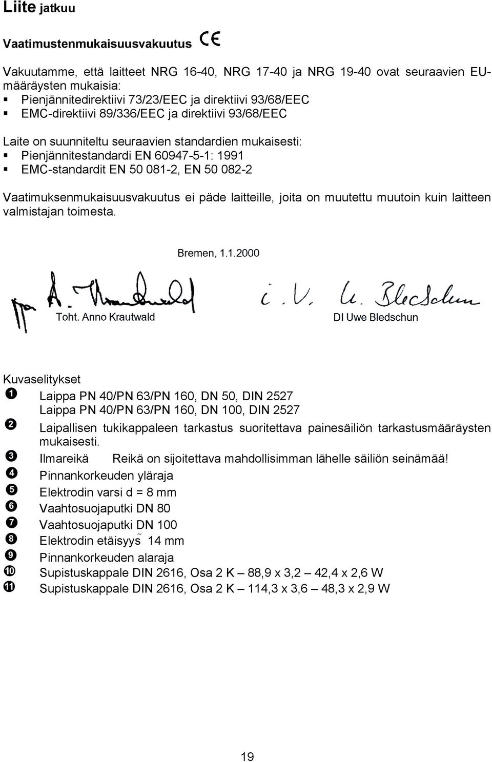 EMC-standardit EN 50 081-2, EN 50 082-2 Vaatimuksenmukaisuusvakuutus ei päde laitteille, joita on muutettu muutoin kuin laitteen valmistajan toimesta.