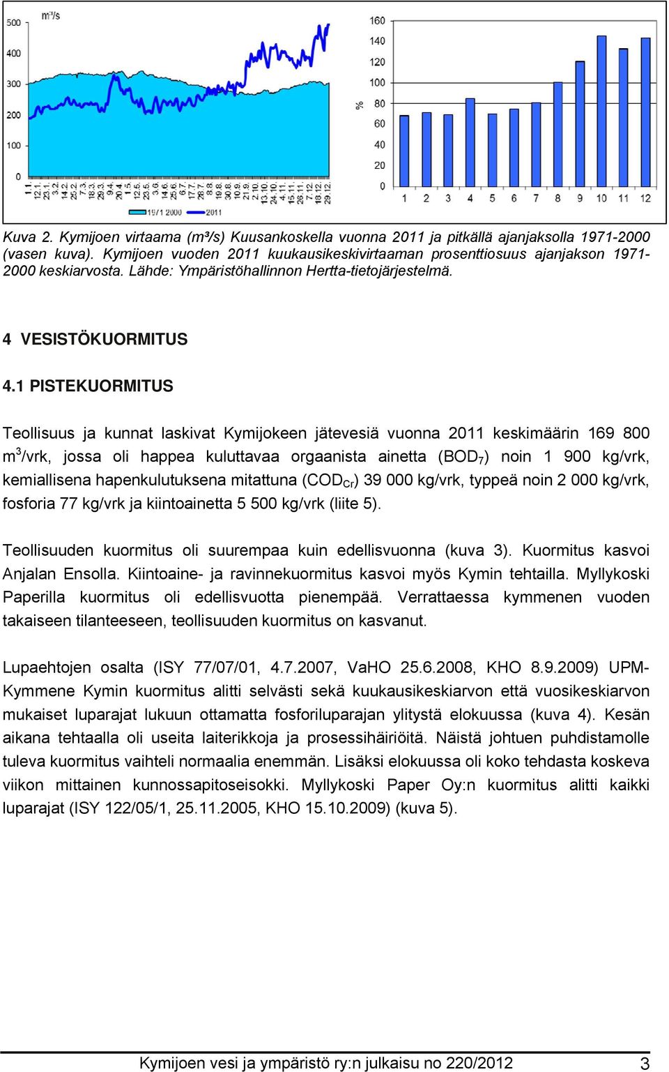 1 PISTEKUORMITUS Teollisuus ja kunnat laskivat Kymijokeen jätevesiä vuonna 2011 keskimäärin 169 800 m 3 /vrk, jossa oli happea kuluttavaa orgaanista ainetta (BOD 7 ) noin 1 900 kg/vrk, kemiallisena