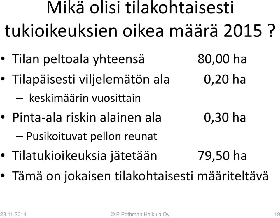 vuosittain Pinta-ala riskin alainen ala 0,30 ha Pusikoituvat pellon reunat