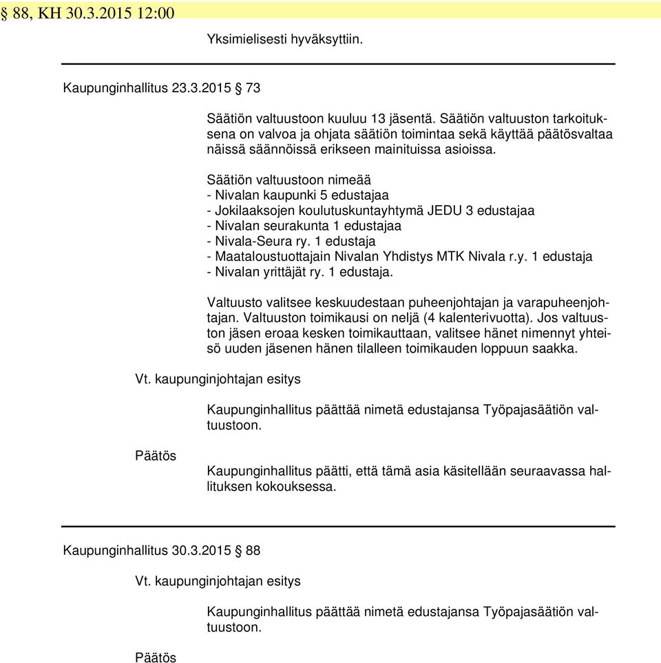 Säätiön valtuustoon nimeää - Nivalan kaupunki 5 edustajaa - Jokilaaksojen koulutuskuntayhtymä JEDU 3 edustajaa - Nivalan seurakunta 1 edustajaa - Nivala-Seura ry.