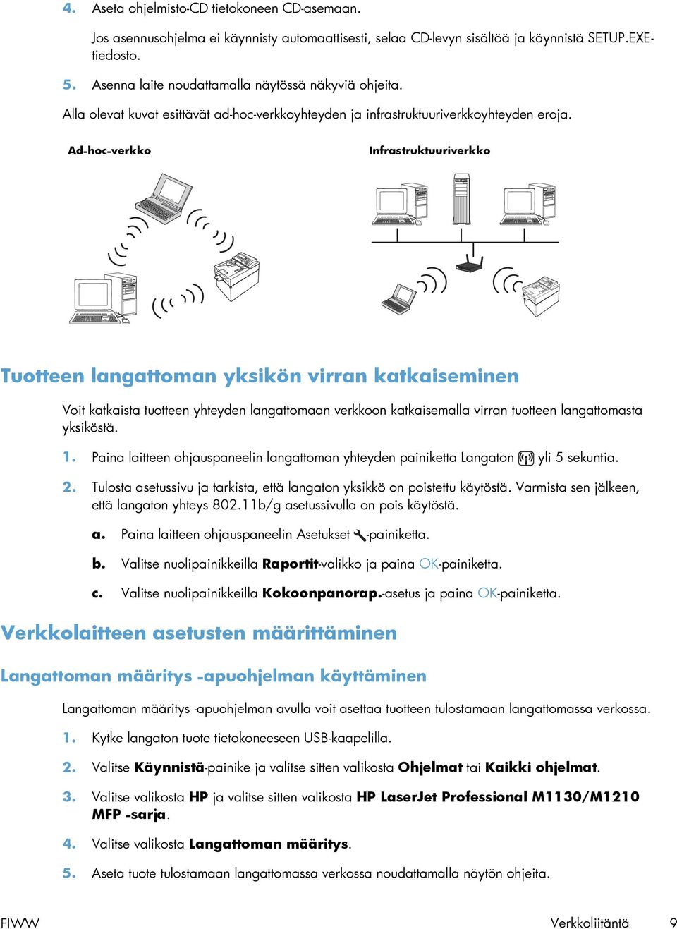 Ad-hoc-verkko Infrastruktuuriverkko Tuotteen langattoman yksikön virran katkaiseminen Voit katkaista tuotteen yhteyden langattomaan verkkoon katkaisemalla virran tuotteen langattomasta yksiköstä. 1.