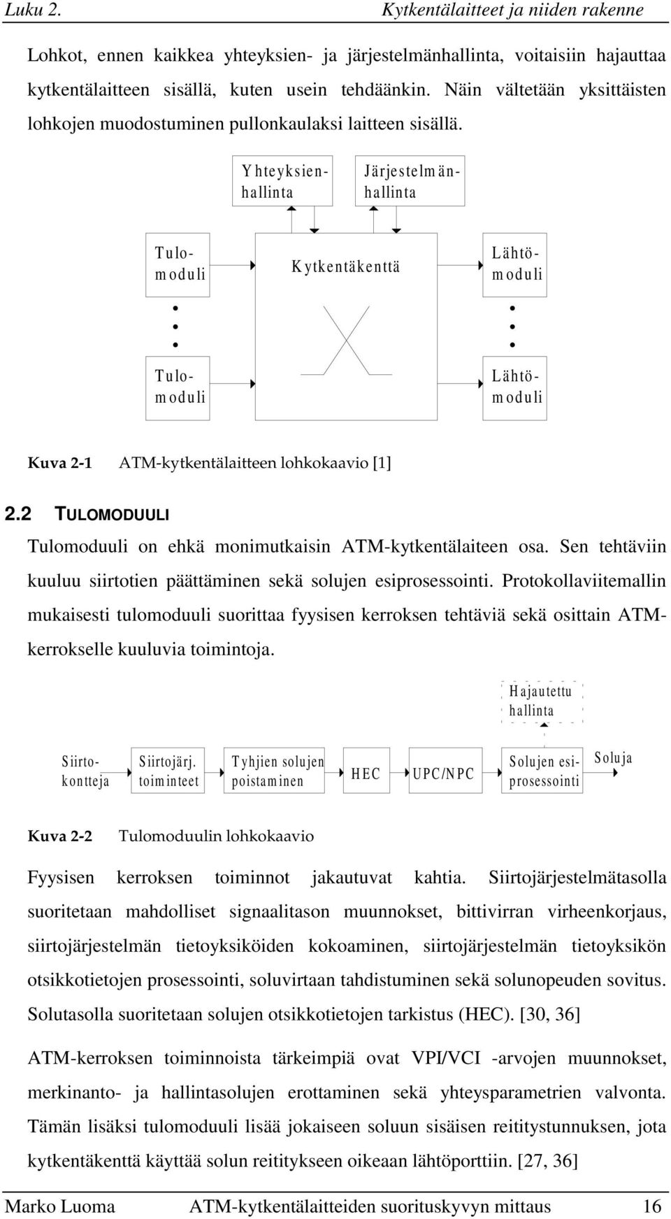 Lähtömoduli Yhteyksienhallinta Järjestelmänhallinta Kytkentäkenttä Tulomoduli Tulomoduli Lähtömoduli Kuva 2-1 ATM-kytkentälaitteen lohkokaavio [1] 2.