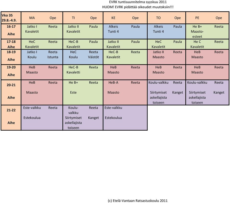 EVRK tuntisuunnitelma syyskuu 2011 MA Ope TI Ope KE Ope TO Ope PE Ope 16-17 Jatko I Reeta Jatko II Paula Alkeis Paula Alkeis Paula He B+ Reeta Kavaletit Kavaletit Tunti 4 Tunti 4 Maastoesteet 17-18