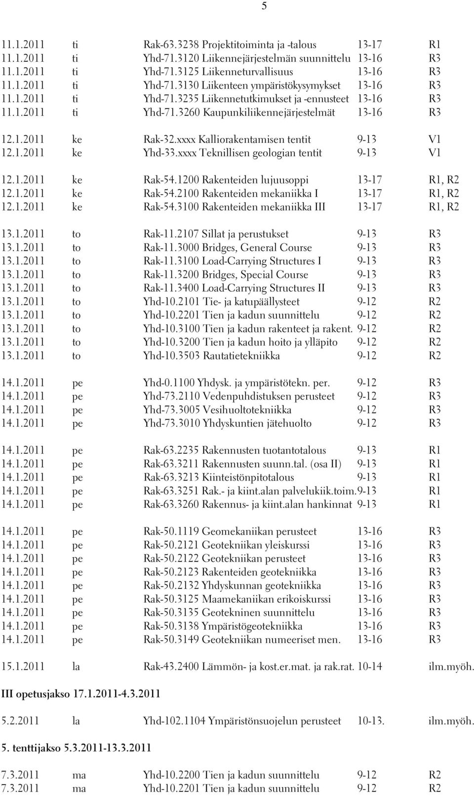 xxxx Teknillisen geologian tentit 9-13 V1 12.1.2011 ke Rak-54.1200 Rakenteiden lujuusoppi 13-17 R1, R2 12.1.2011 ke Rak-54.2100 Rakenteiden mekaniikka I 13-17 R1, R2 12.1.2011 ke Rak-54.3100 Rakenteiden mekaniikka III 13-17 R1, R2 13.