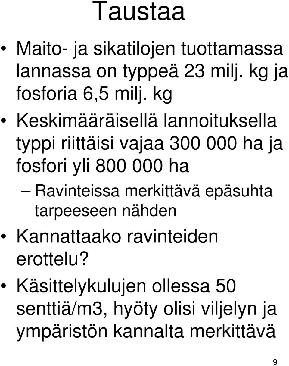 kg Keskimääräisellä lannoituksella typpi riittäisi vajaa 300 000 ha ja fosfori yli 800 000