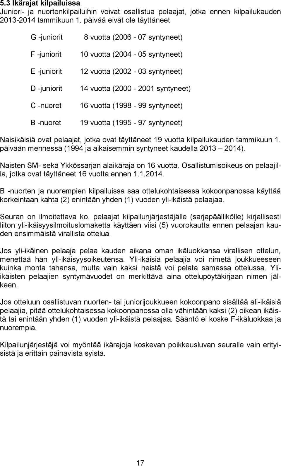 (2000-2001 syntyneet) 16 vuotta (1998-99 syntyneet) 19 vuotta (1995-97 syntyneet) Naisikäisiä ovat pelaajat, jotka ovat täyttäneet 19 vuotta kilpailukauden tammikuun 1.