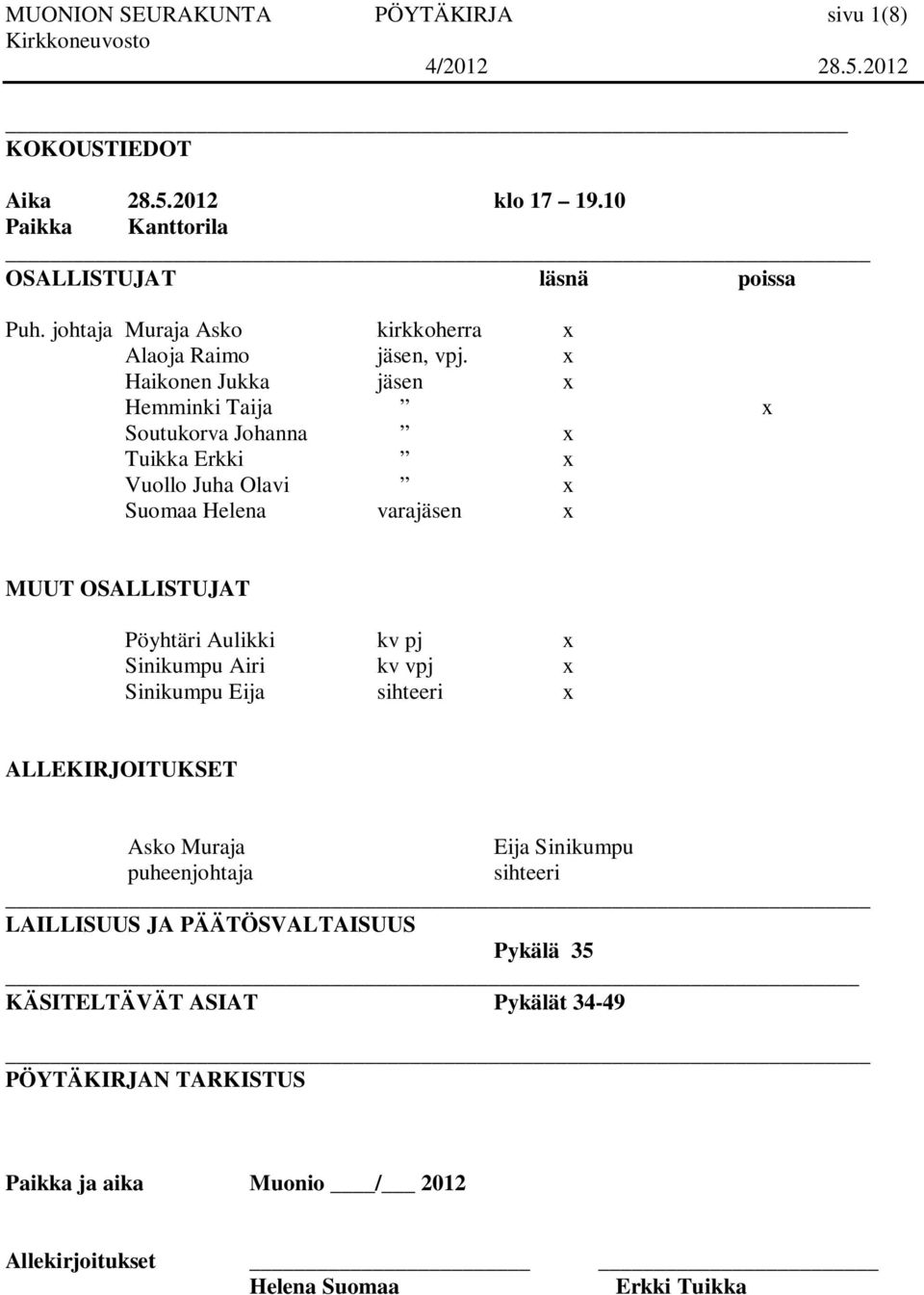 x Haikonen Jukka jäsen x Hemminki Taija x Soutukorva Johanna x Tuikka Erkki x Vuollo Juha Olavi x Suomaa Helena varajäsen x MUUT OSALLISTUJAT Pöyhtäri Aulikki