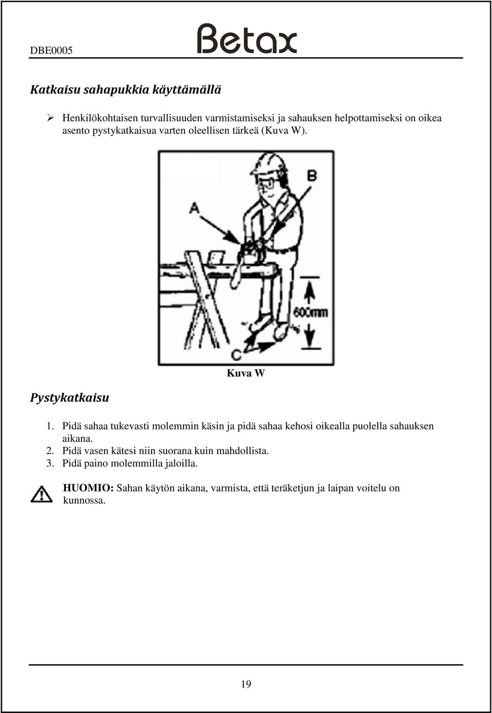 Pidä sahaa tukevasti molemmin käsin ja pidä sahaa kehosi oikealla puolella sahauksen aikana. 2.