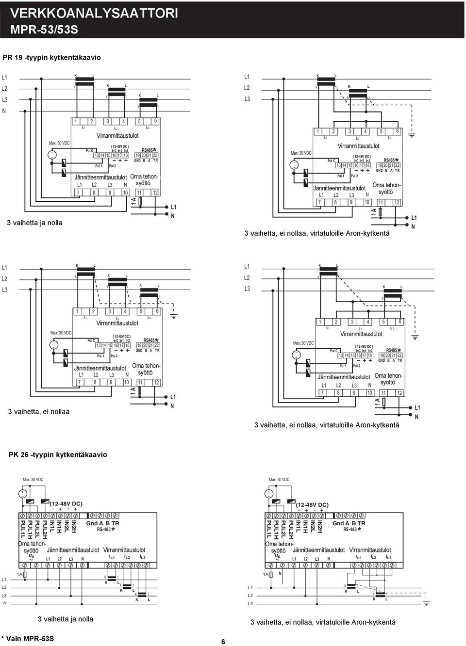 ) Pu C InC In1 In2 RS485 13 14 15 16 17 18 19 20 21 22 GD B A TR Pu 1 Pu 2 Jännitteenmittaustuot Votage Virranmittaustuot Oma Auxiiary tehonsyöttö Suppy 1 2 3 7 8 9 10 11 12 1 A 3 vaihetta, ei noaa,