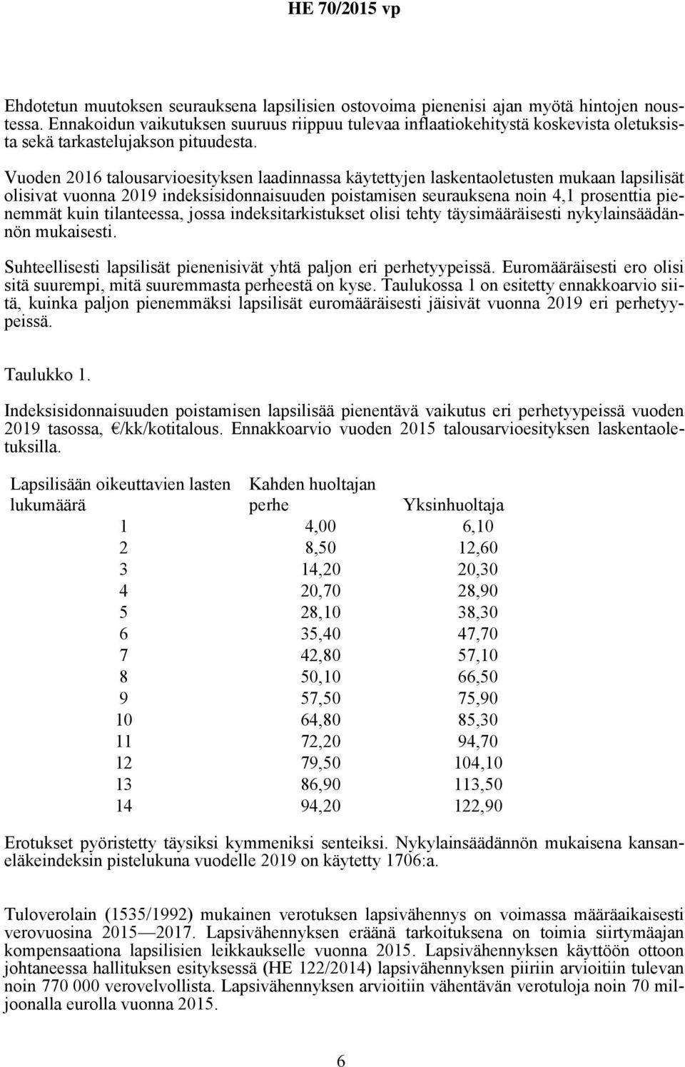 Vuoden 2016 talousarvioesityksen laadinnassa käytettyjen laskentaoletusten mukaan lapsilisät olisivat vuonna 2019 indeksisidonnaisuuden poistamisen seurauksena noin 4,1 prosenttia pienemmät kuin