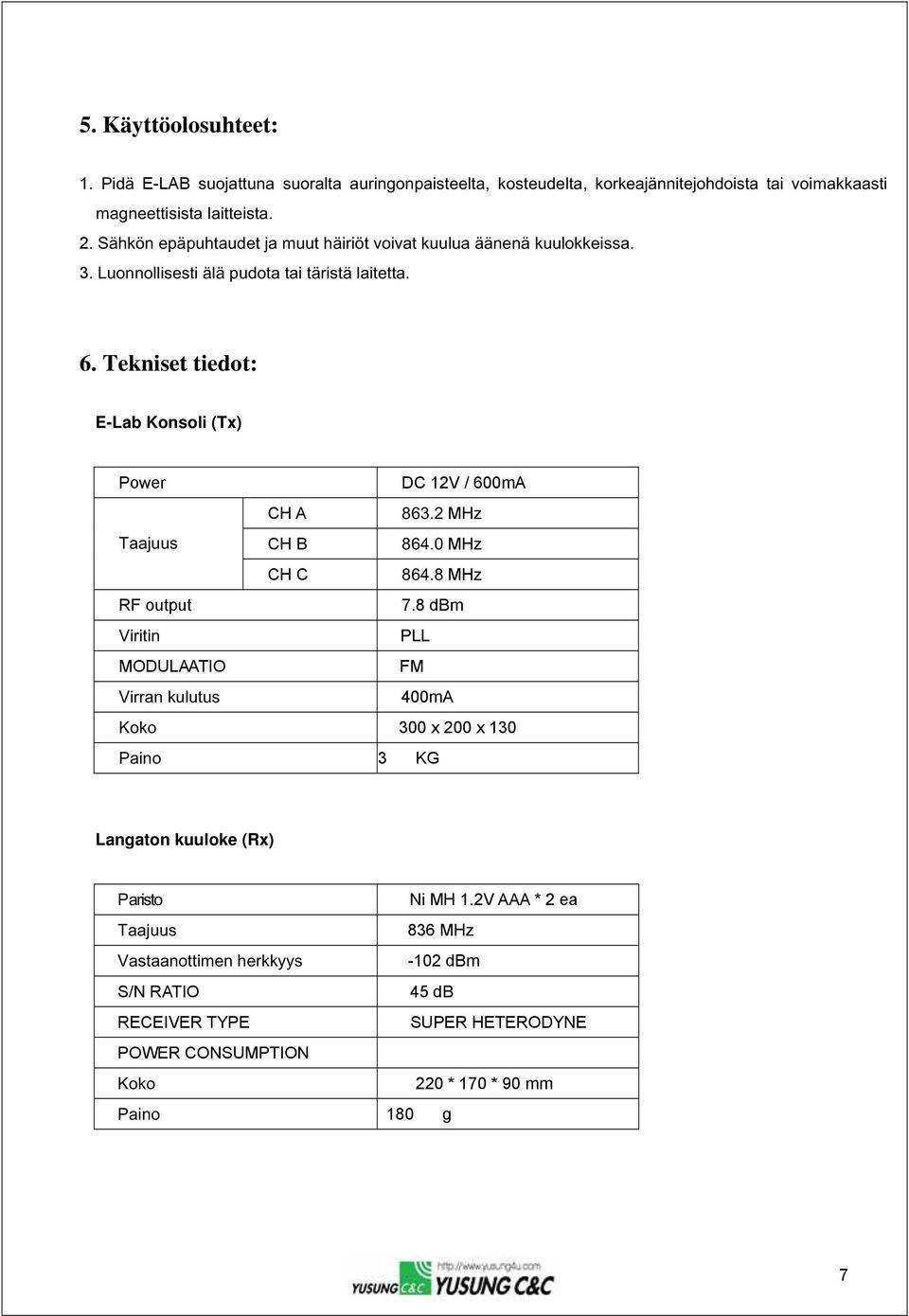 Tekniset tiedot: E-Lab Konsoli (Tx) Power DC 12V / 600mA CH A 863.2 MHz Taajuus CH B 864.0 MHz CH C 864.8 MHz RF output 7.