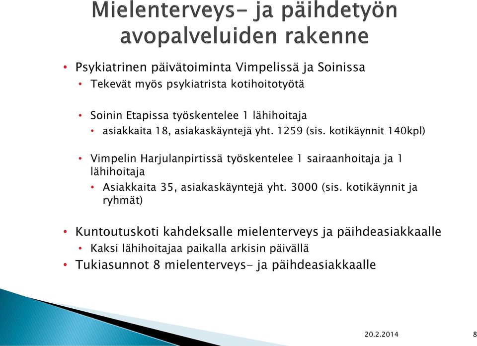 kotikäynnit 140kpl) Vimpelin Harjulanpirtissä työskentelee 1 sairaanhoitaja ja 1 lähihoitaja Asiakkaita 35, asiakaskäyntejä yht.