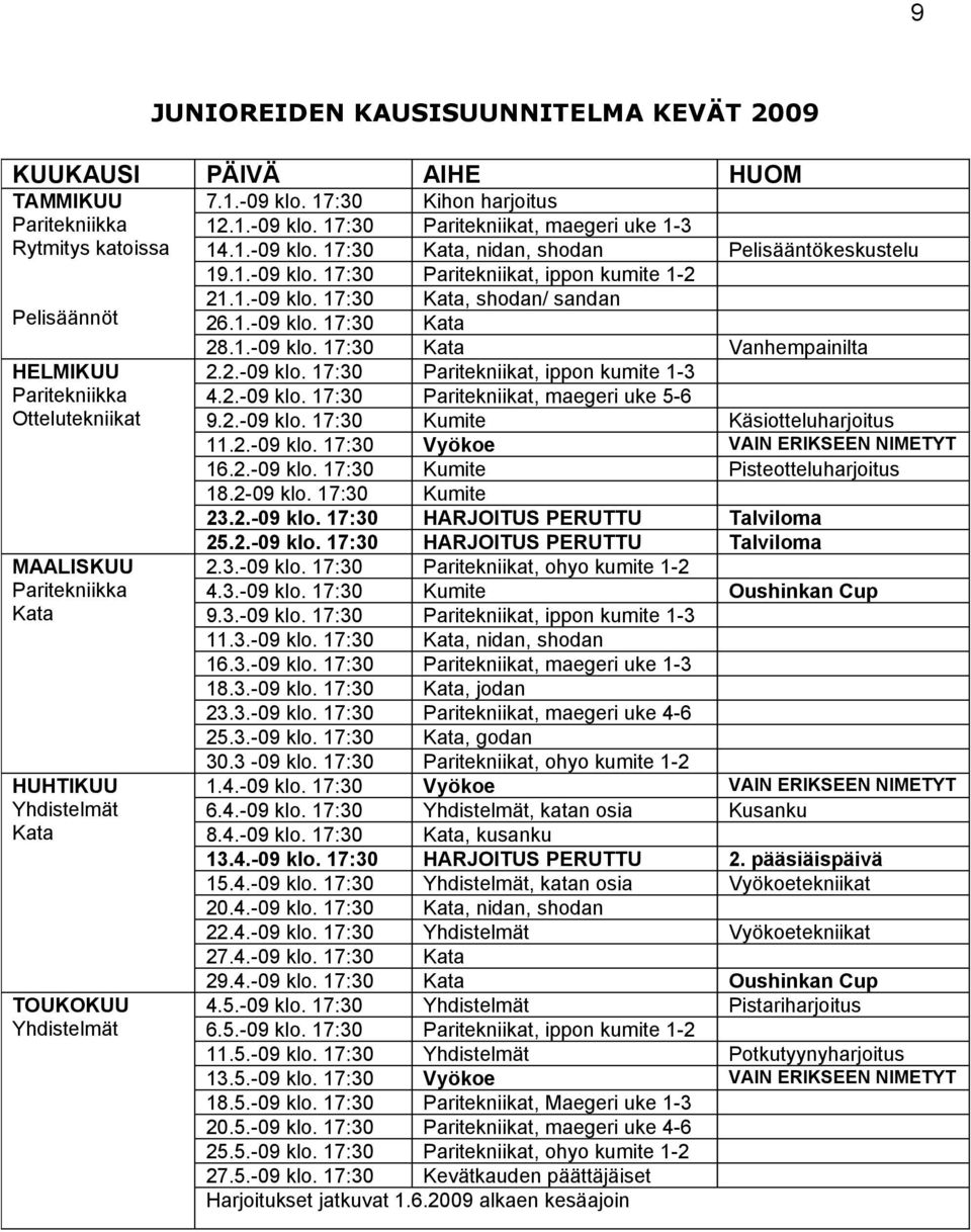 2.-09 klo. 17:30 Kumite 11.2.-09 klo. 17:30 Vyökoe 16.2.-09 klo. 17:30 Kumite 18.2-09 klo. 17:30 Kumite 23.2.-09 klo. 17:30 HARJOITUS PERUTTU 25.2.-09 klo. 17:30 HARJOITUS PERUTTU 2.3.-09 klo. 17:30 Paritekniikat, ohyo kumite 1-2 4.