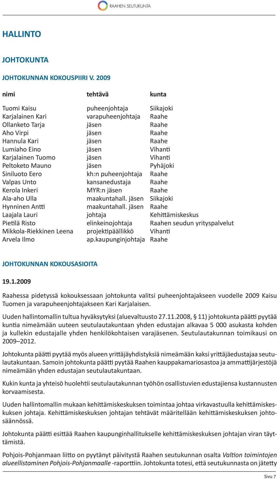 Vihan Karjalainen Tuomo jäsen Vihan Peltoketo Mauno jäsen Pyhäjoki Siniluoto Eero kh:n puheenjohtaja Raahe Valpas Unto kansanedustaja Raahe Kerola Inkeri MYR:n jäsen Raahe Ala-aho Ulla maakuntahall.