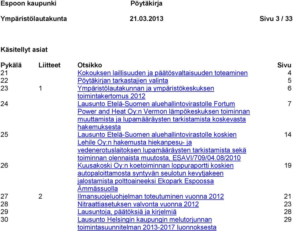 ympäristökeskuksen 6 toimintakertomus 2012 24 Lausunto Etelä-Suomen aluehallintovirastolle Fortum 7 Power and Heat Oy:n Vermon lämpökeskuksen toiminnan muuttamista ja lupamääräysten tarkistamista