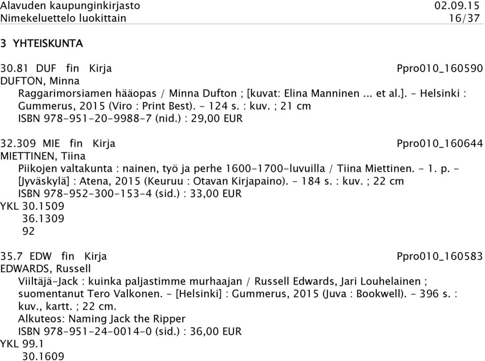 309 MIE fin Kirja Ppro010_160644 MIETTINEN, Tiina Piikojen valtakunta : nainen, työ ja perhe 1600-1700-luvuilla / Tiina Miettinen. - 1. p. - [Jyväskylä] : Atena, 2015 (Keuruu : Otavan Kirjapaino).
