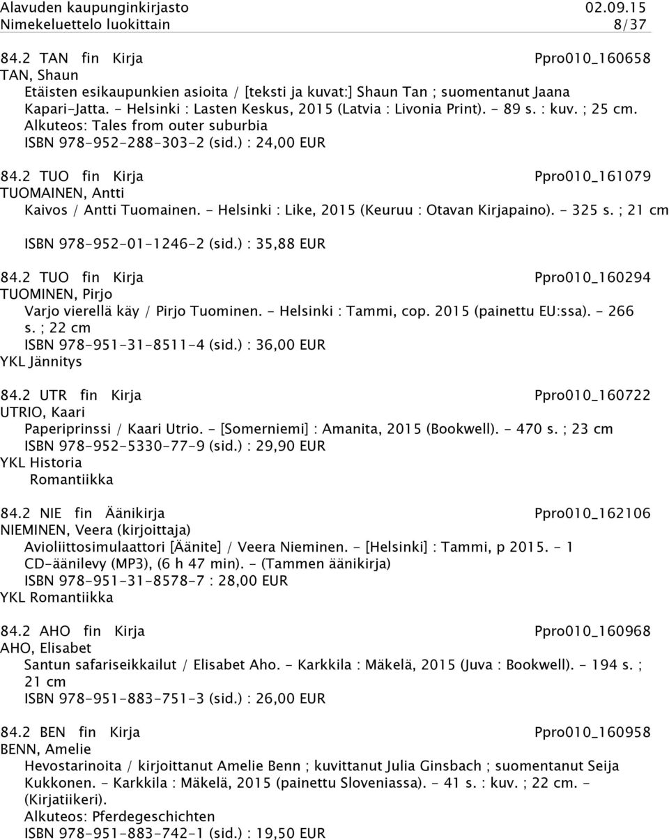 2 TUO fin Kirja Ppro010_161079 TUOMAINEN, Antti Kaivos / Antti Tuomainen. - Helsinki : Like, 2015 (Keuruu : Otavan Kirjapaino). - 325 s. ; 21 cm ISBN 978-952-01-1246-2 (sid.) : 35,88 EUR 84.