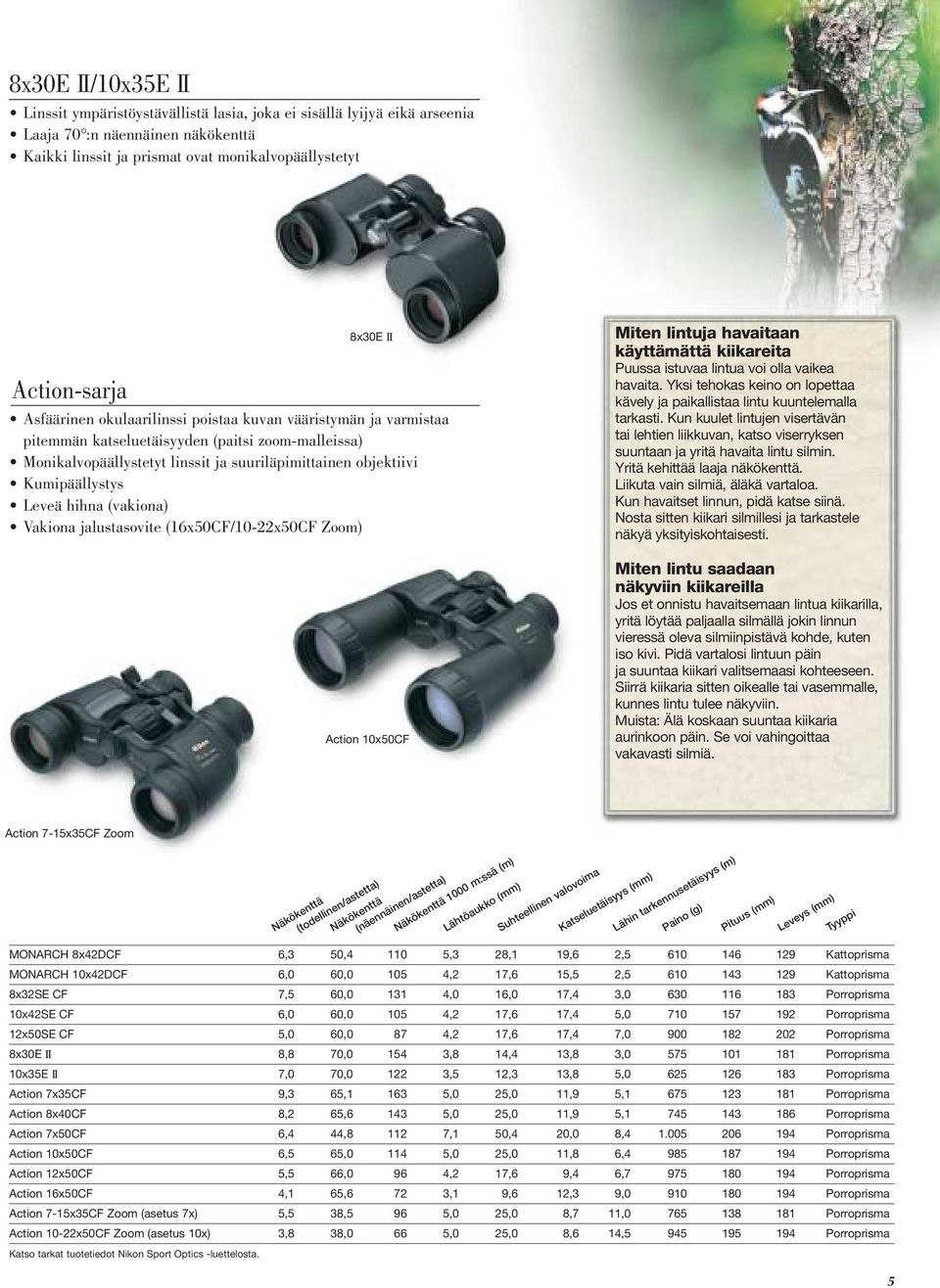 Kumipäällystys Leveä hihna (vakiona) Vakiona jalustasovite (16x50CF/10-22x50CF Zoom) Action 10x50CF Miten lintuja havaitaan käyttämättä kiikareita Puussa istuvaa lintua voi olla vaikea havaita.