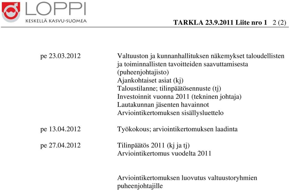 2012 Valtuuston ja kunnanhallituksen näkemykset taloudellisten ja toiminnallisten tavoitteiden saavuttamisesta (puheenjohtajisto)