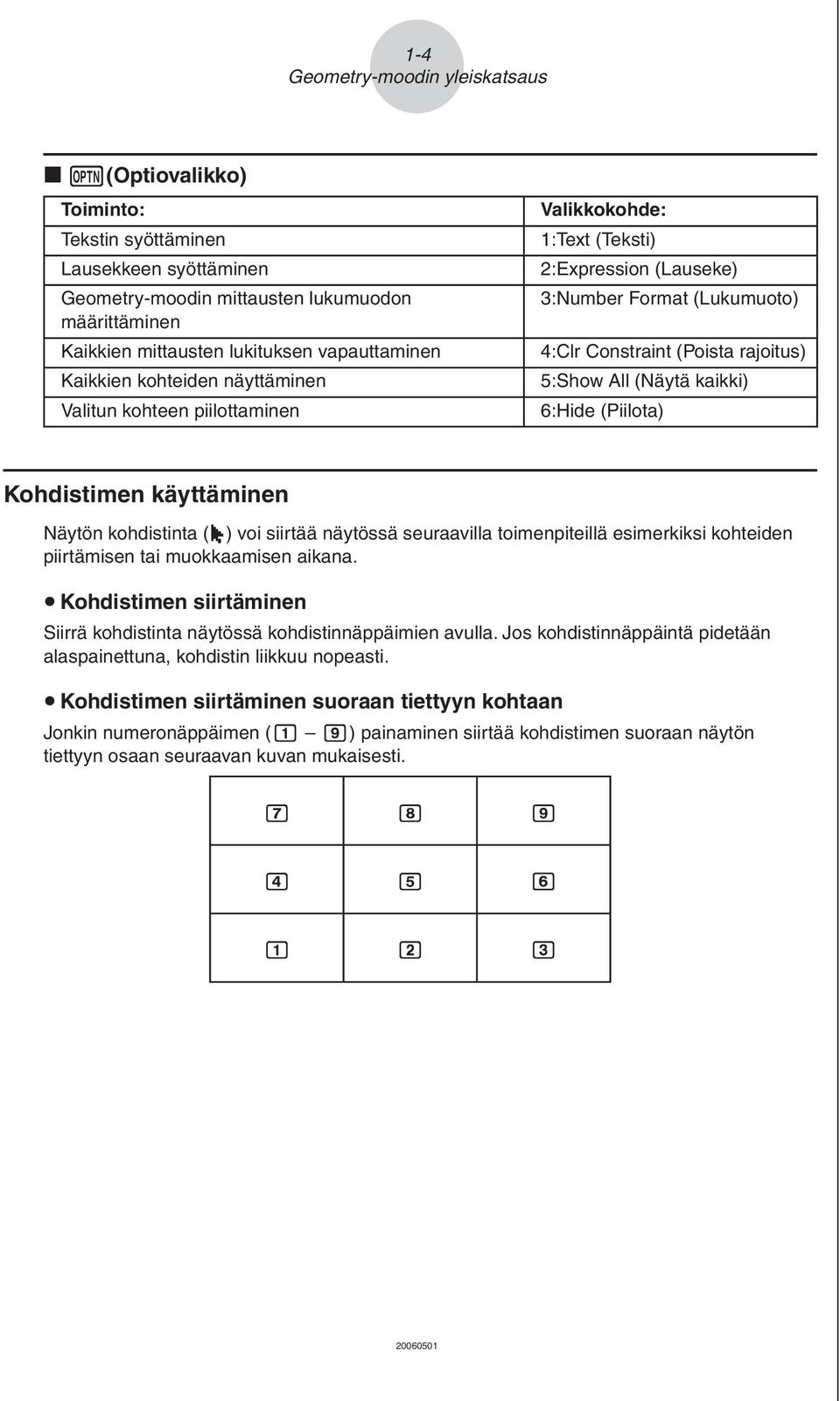 All (Näytä kaikki) 6:Hide (Piilota) Kohdistimen käyttäminen Näytön kohdistinta ( 2 ) voi siirtää näytössä seuraavilla toimenpiteillä esimerkiksi kohteiden piirtämisen tai muokkaamisen aikana.