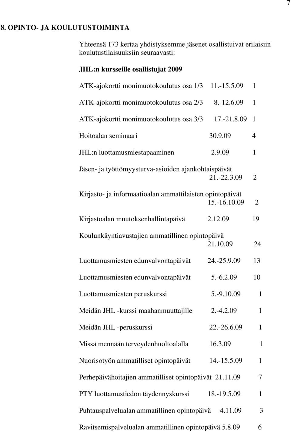 9.09 1 Jäsen- ja työttömyysturva-asioiden ajankohtaispäivät 21.-22.3.09 2 Kirjasto- ja informaatioalan ammattilaisten opintopäivät 15.-16.10.09 2 Kirjastoalan muutoksenhallintapäivä 2.12.