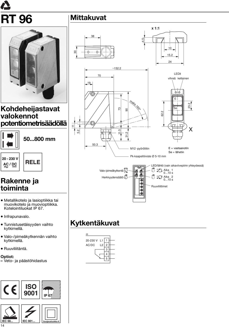 M1 -pyöröliitin Pk-kaapelitiiviste Ø 5-10 mm E = vastaanotin Se = lähetin Rakenne ja toiminta Valo-/pimeäkytkentä Herkkyydensäätö LED/lähtö (vain aikaviivepiirin