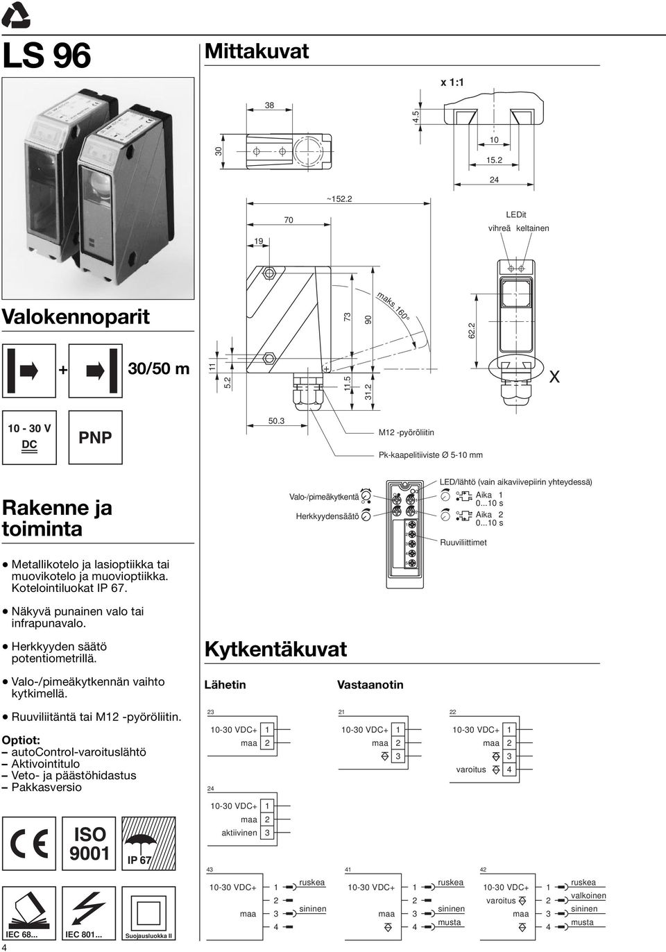 Herkkyyden säätö potentiometrillä. Valo-/pimeäkytkentä Herkkyydensäätö Kytkentäkuvat LED/lähtö (vain aikaviivepiirin yhteydessä) Aika 1 Aika Ruuviliittimet Valo-/pimeäkytkennän vaihto kytkimellä.