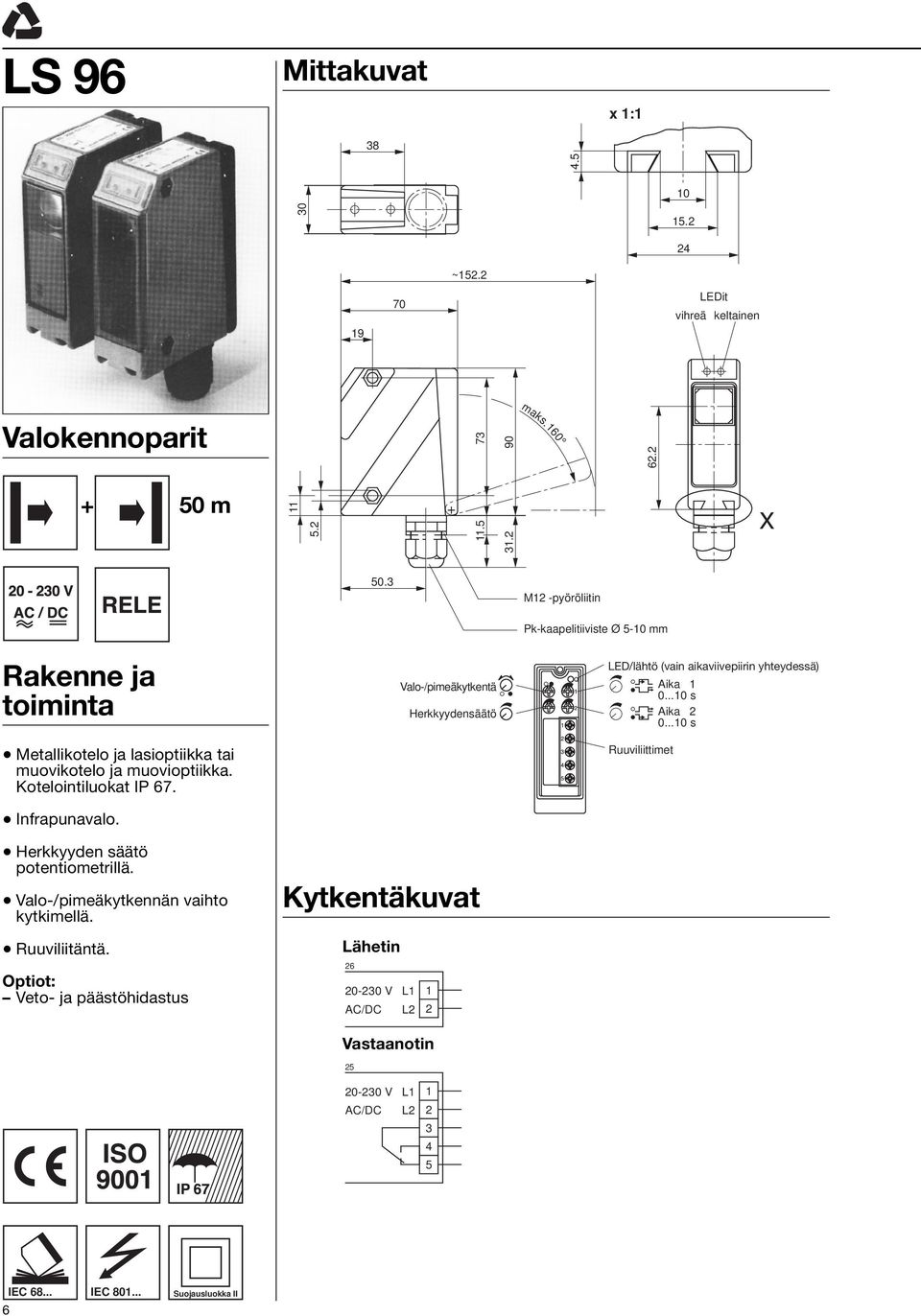 M1 -pyöröliitin Pk-kaapelitiiviste Ø 5-10 mm Rakenne ja toiminta Metallikotelo ja lasioptiikka tai muovikotelo ja muovioptiikka. Kotelointiluokat IP 67.