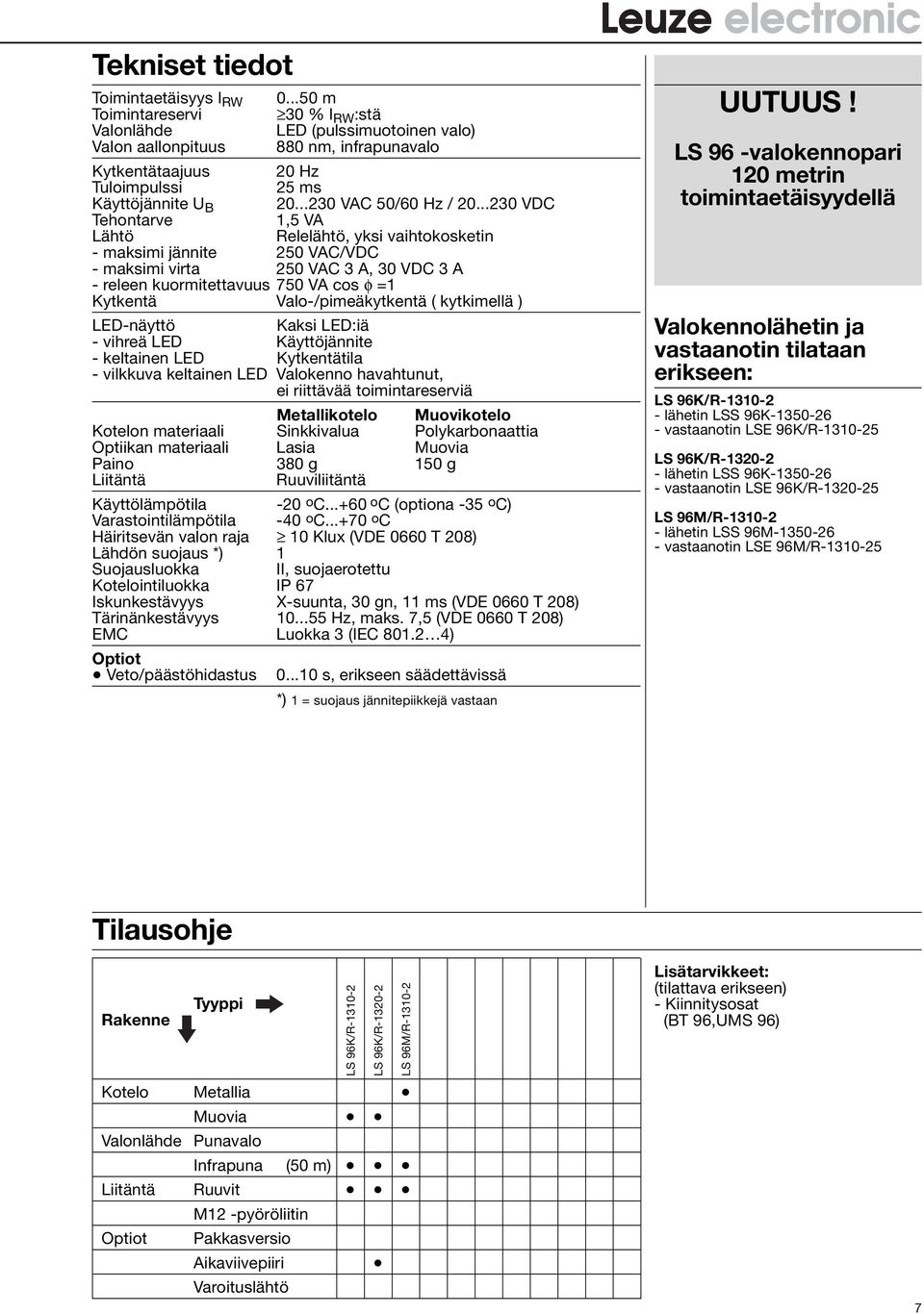 ..0 VDC Tehontarve 1,5 VA Lähtö Relelähtö, yksi vaihtokosketin - maksimi jännite 50 VAC/VDC - maksimi virta 50 VAC A, 0 VDC A - releen kuormitettavuus 750 VA cos φ =1 Kytkentä Valo-/pimeäkytkentä (