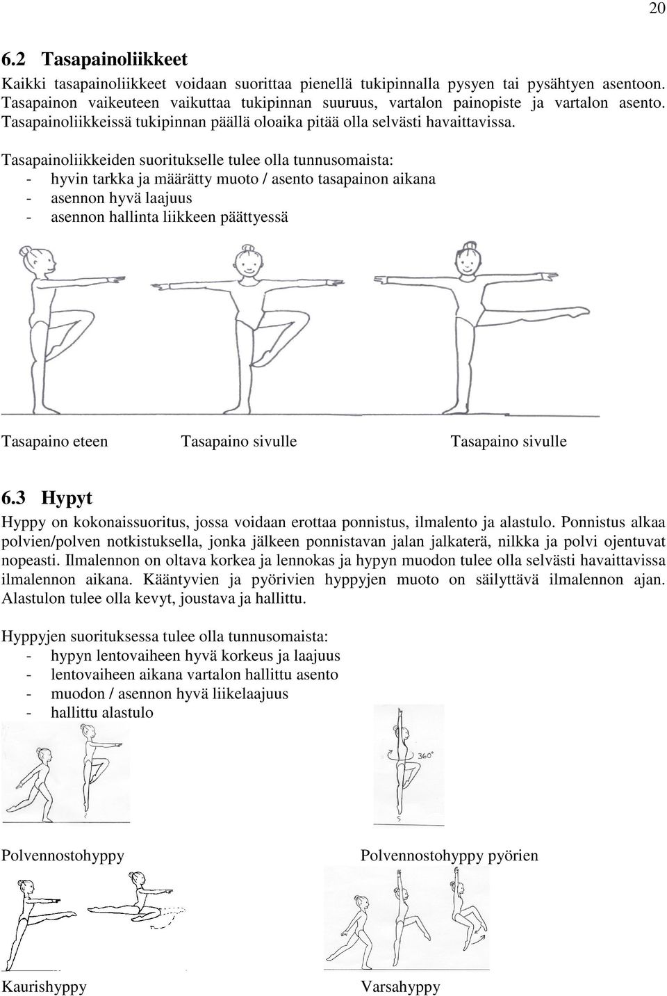 Tasapainoliikkeiden suoritukselle tulee olla tunnusomaista: - hyvin tarkka ja määrätty muoto / asento tasapainon aikana - asennon hyvä laajuus - asennon hallinta liikkeen päättyessä Tasapaino eteen