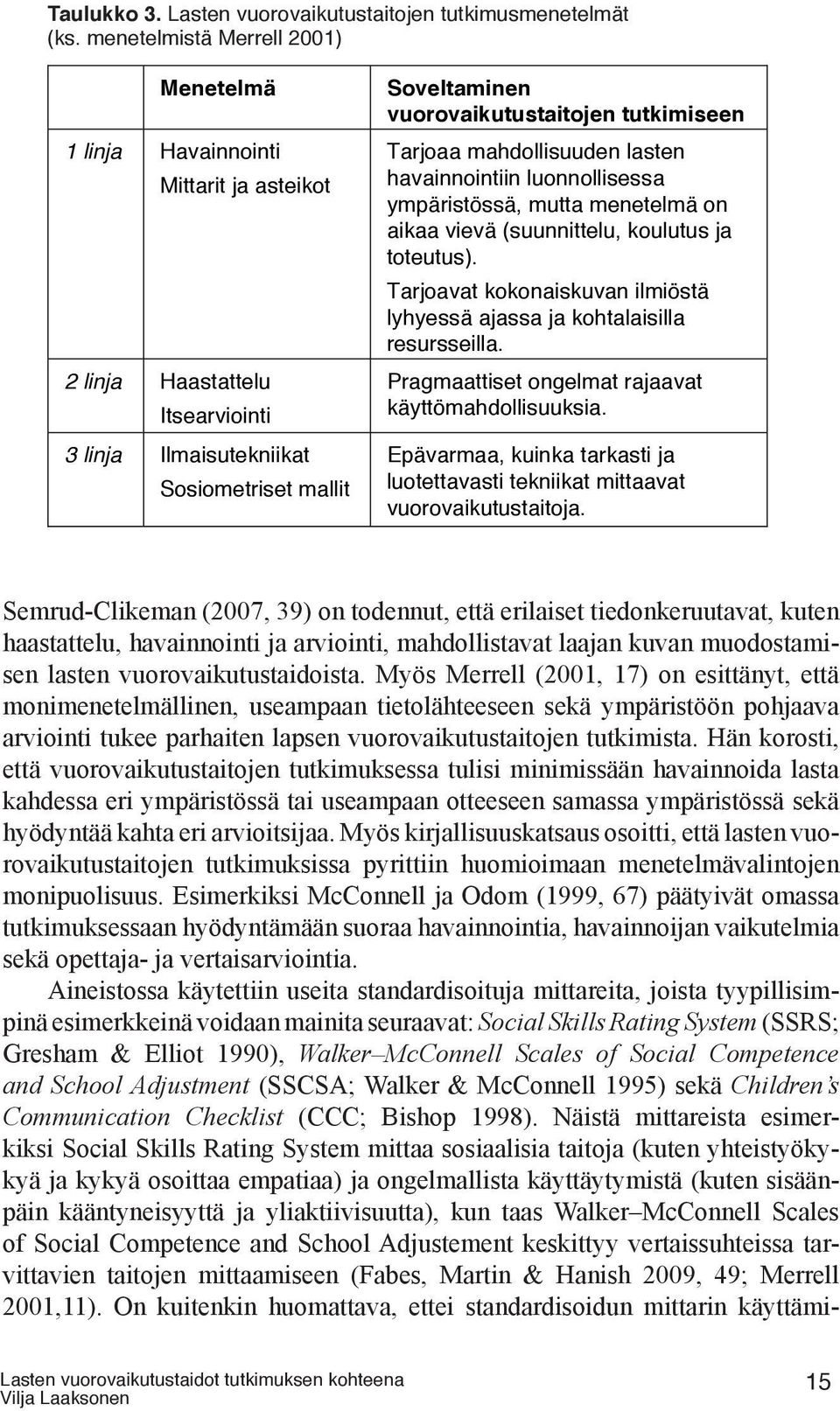 menetelmistä Merrell 2001) Menetelmä 1 linja Havainnointi Mittarit ja asteikot 2 linja Haastattelu Itsearviointi 3 linja Ilmaisutekniikat Sosiometriset mallit Soveltaminen vuorovaikutustaitojen