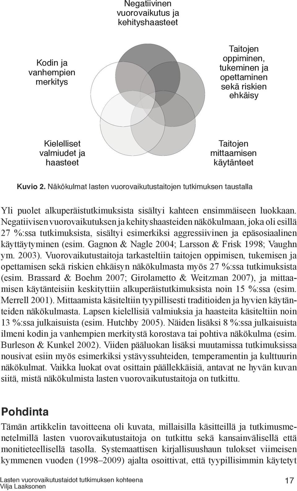 Kuvio 2 Näkökulmat lasten vuorovaikutustaitojen tutkimuksen taustalla Negatiivisen vuorovaikutuksen ja kehityshaasteiden näkökulmaan, joka oli esillä 27 %:ssa tutkimuksista, sisältyi esimerkiksi