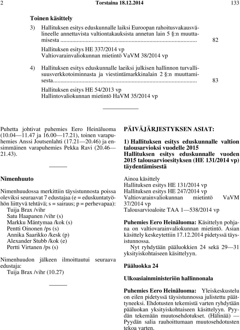 viestintämarkkinalain 2 :n muuttamisesta... 83 Hallituksen esitys HE 54/2013 vp Hallintovaliokunnan mietintö HaVM 35/2014 vp Puhetta johtivat puhemies Eero Heinäluoma (10.04 11.47 ja 16.00 17.