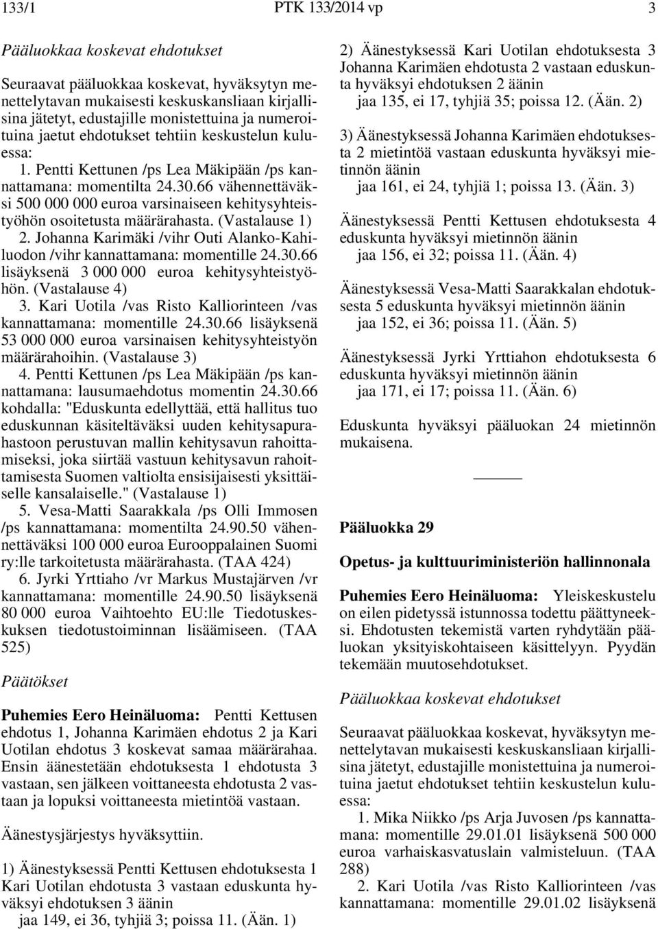 66 vähennettäväksi 500 000 000 euroa varsinaiseen kehitysyhteistyöhön osoitetusta määrärahasta. (Vastalause 1) 2. Johanna Karimäki /vihr Outi Alanko-Kahiluodon /vihr kannattamana: momentille 24.30.