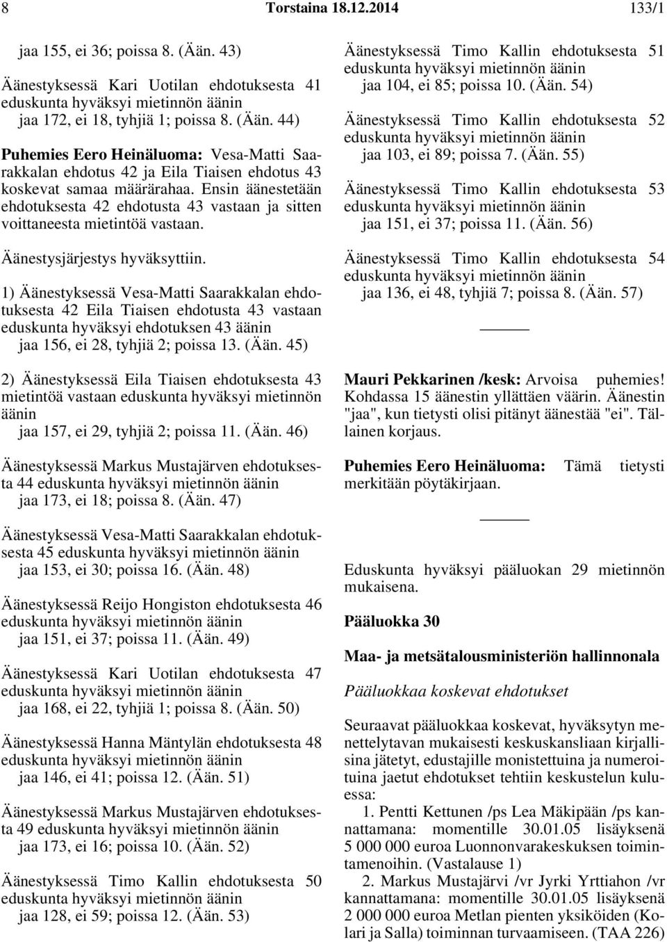 1) Äänestyksessä Vesa-Matti Saarakkalan ehdotuksesta 42 Eila Tiaisen ehdotusta 43 vastaan eduskunta hyväksyi ehdotuksen 43 äänin jaa 156, ei 28, tyhjiä 2; poissa 13. (Ään.