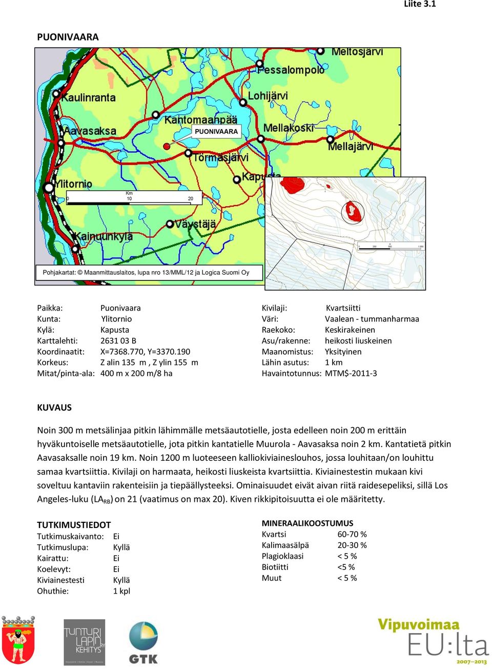 Yksityinen Lähin asutus: 1 km Havaintotunnus: MTM$-2011-3 KUVAUS Noin 300 m metsälinjaa pitkin lähimmälle metsäautotielle, josta edelleen noin 200 m erittäin hyväkuntoiselle metsäautotielle, jota