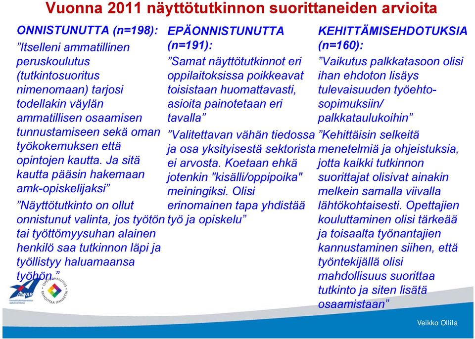 Ja sitä kautta pääsin hakemaan amk-opiskelijaksi Näyttötutkinto on ollut onnistunut valinta, jos työtön tai työttömyysuhan alainen henkilö saa tutkinnon läpi ja työllistyy haluamaansa työhön.