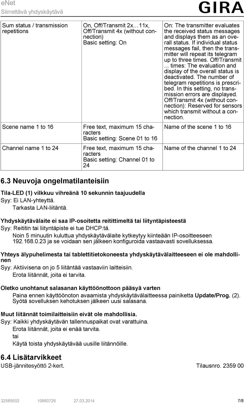 If individual status messages fail, then the transmitter will repeat its telegram up to three times. Off/Transmit... times: The evaluation and display of the overall status is deactivated.