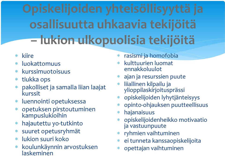 arvostuksen laskeminen rasismi ja homofobia kulttuurien luomat ennakkoluulot ajan ja resurssien puute liiallinen kilpailu ja ylioppilaskirjoitusprässi opiskelijoiden