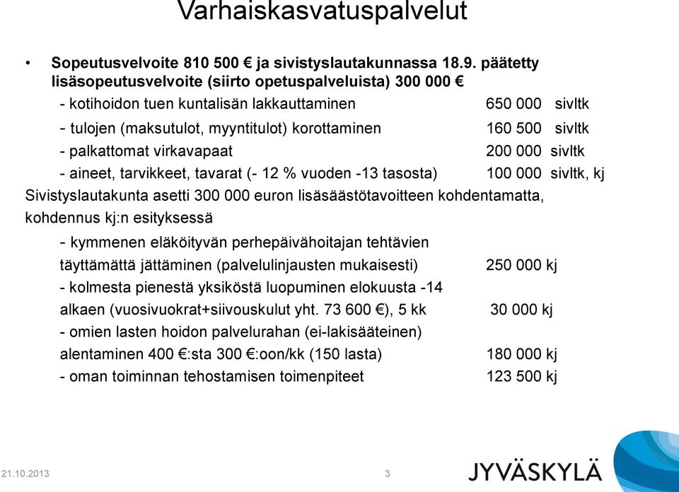 palkattomat virkavapaat 200 000 sivltk - aineet, tarvikkeet, tavarat (- 12 % vuoden -13 tasosta) 100 000 sivltk, kj Sivistyslautakunta asetti 300 000 euron lisäsäästötavoitteen kohdentamatta,