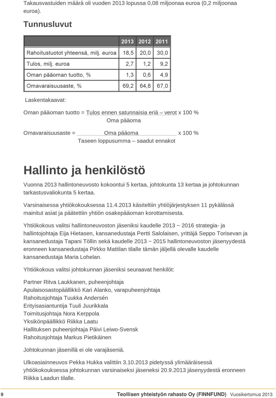 Oma pääoma x 100 % Taseen loppusumma saadut ennakot Hallinto ja henkilöstö Vuonna 2013 hallintoneuvosto kokoontui 5 kertaa, johtokunta 13 kertaa ja johtokunnan tarkastusvaliokunta 5 kertaa.